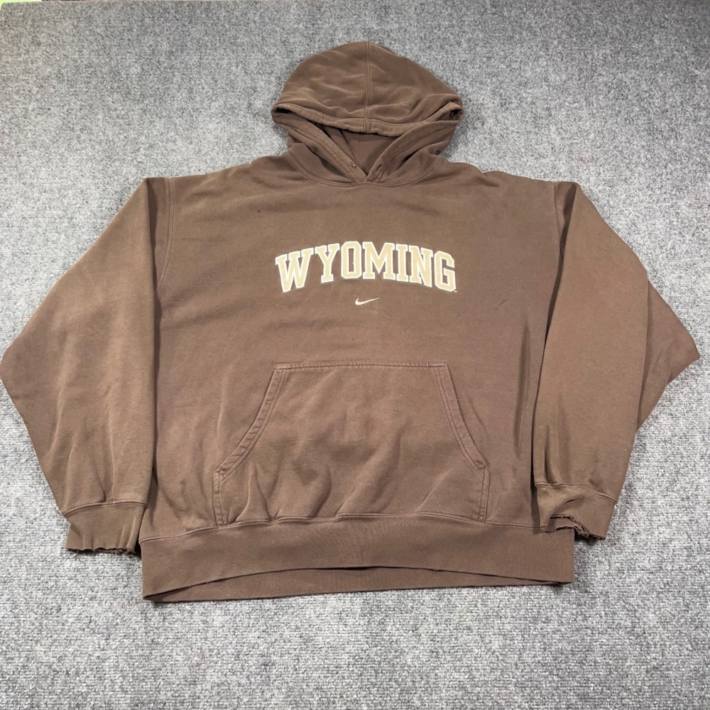 VTG Nike Team Wyoming University Hoodie Mens XXL Distressed Swoosh Brown Heavy